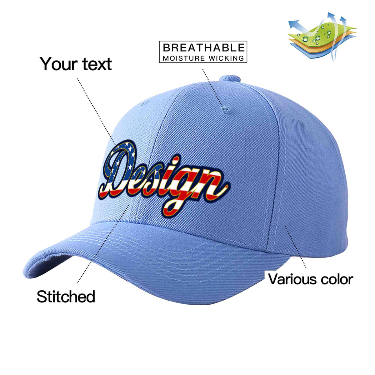 Custom Sky Blue Vintage USA Flag-Gold Curved Eaves Sport Design Baseball Cap