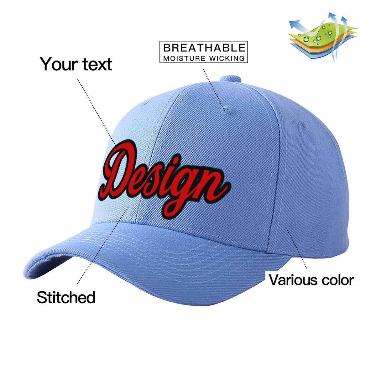 Custom Sky Blue Red-Black Curved Eaves Sport Design Baseball Cap