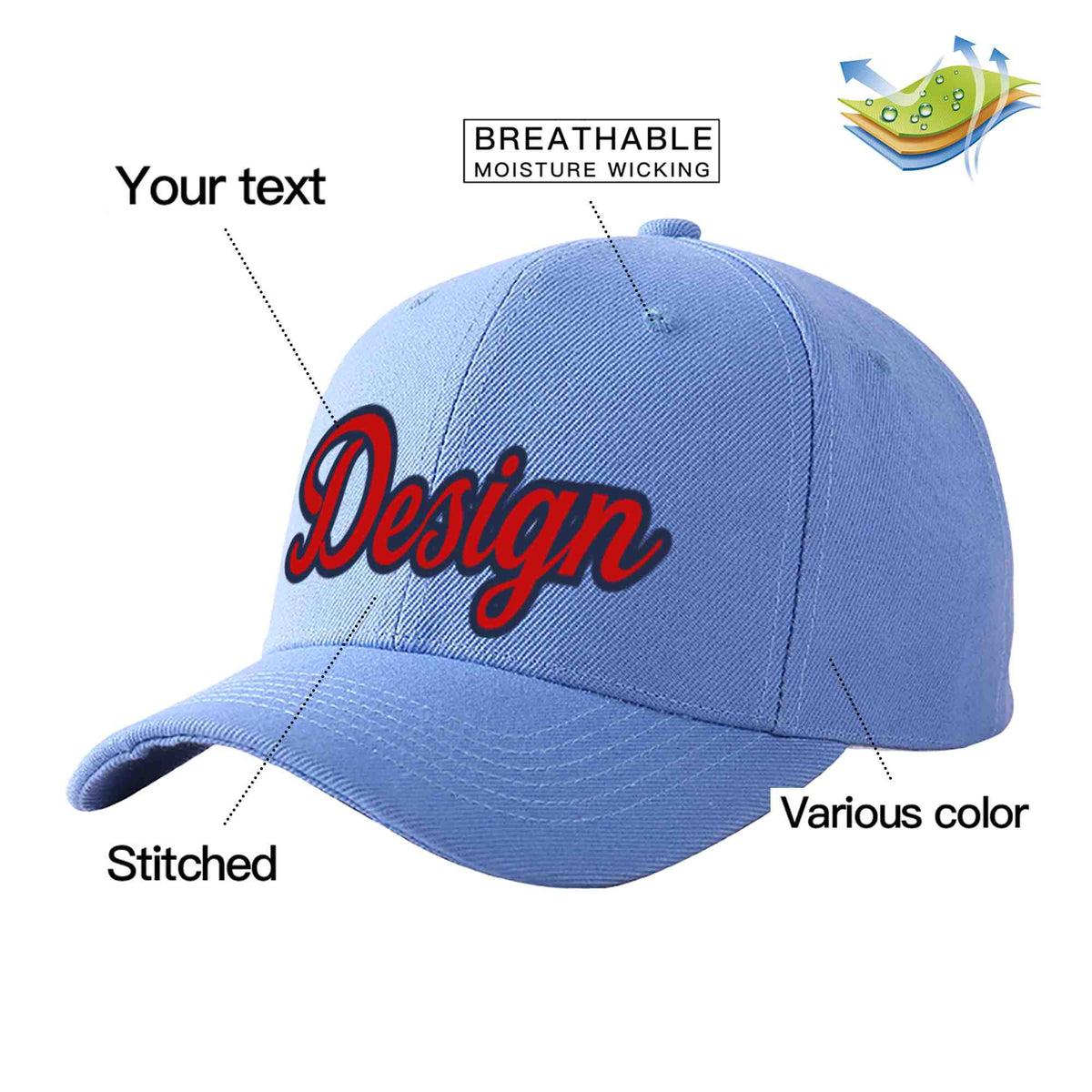 Custom Sky Blue Red-Navy Curved Eaves Sport Design Baseball Cap