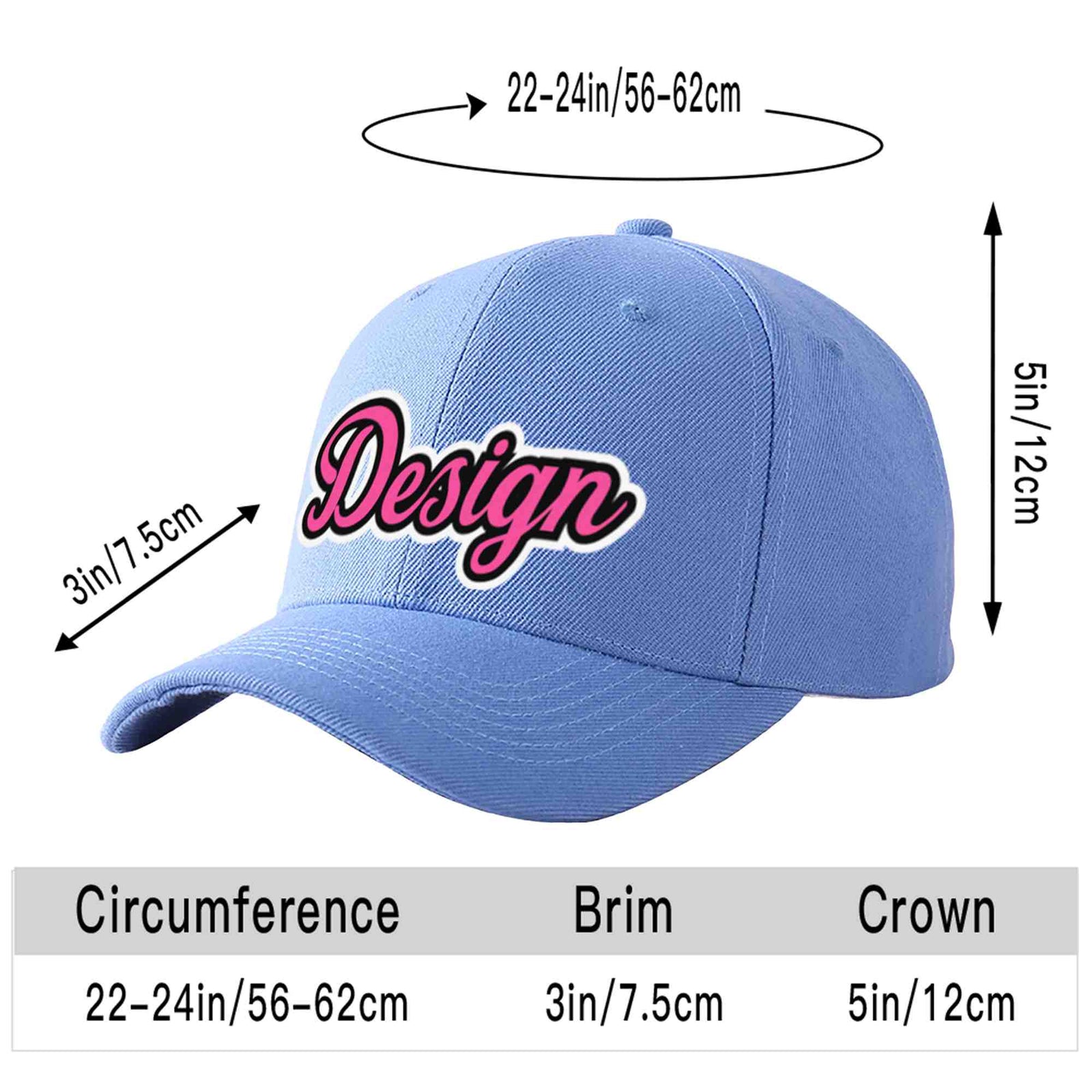 Custom Sky Blue Pink-Black Curved Eaves Sport Design Baseball Cap