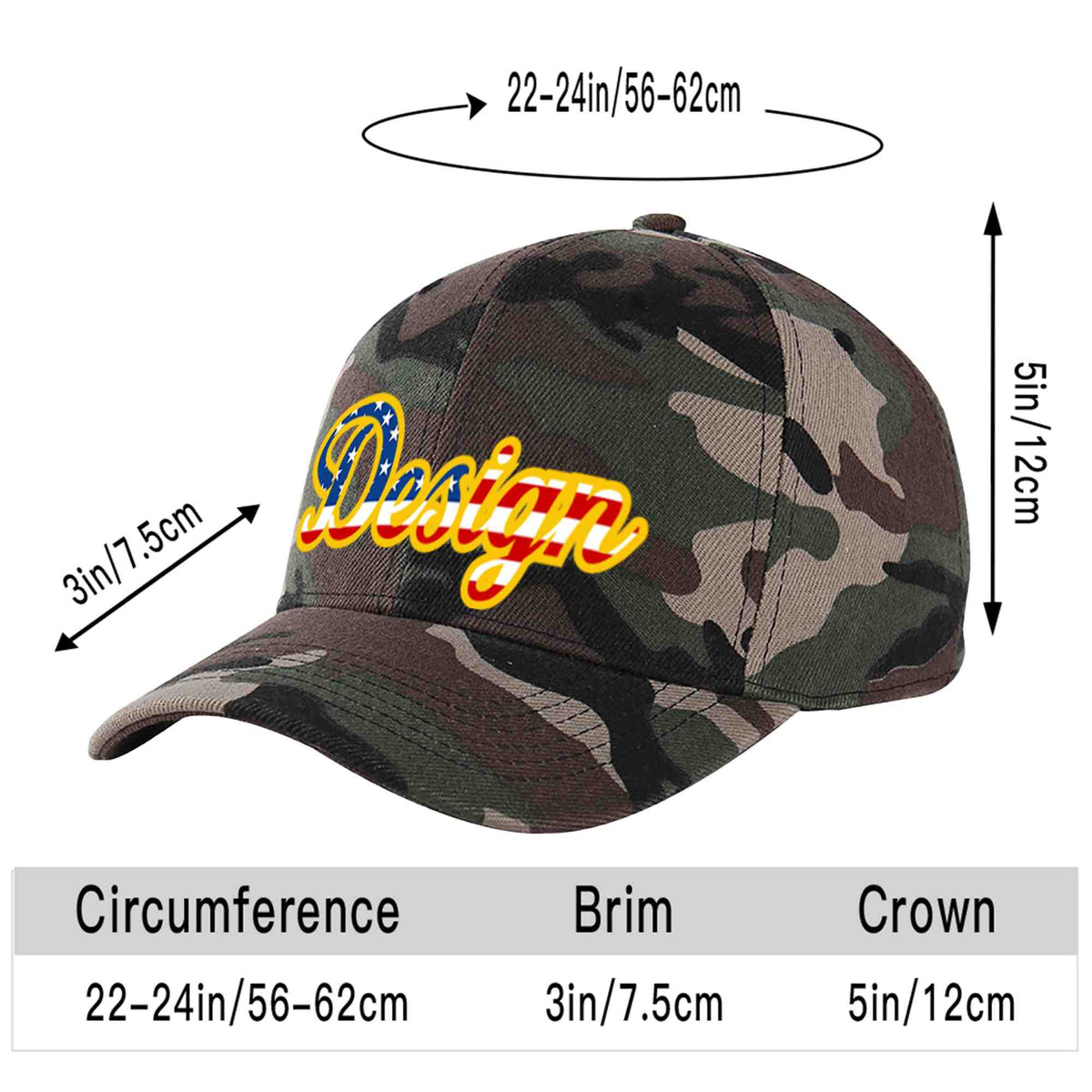 Custom Camo Vintage USA Flag-Gold Curved Eaves Sport Design Baseball Cap