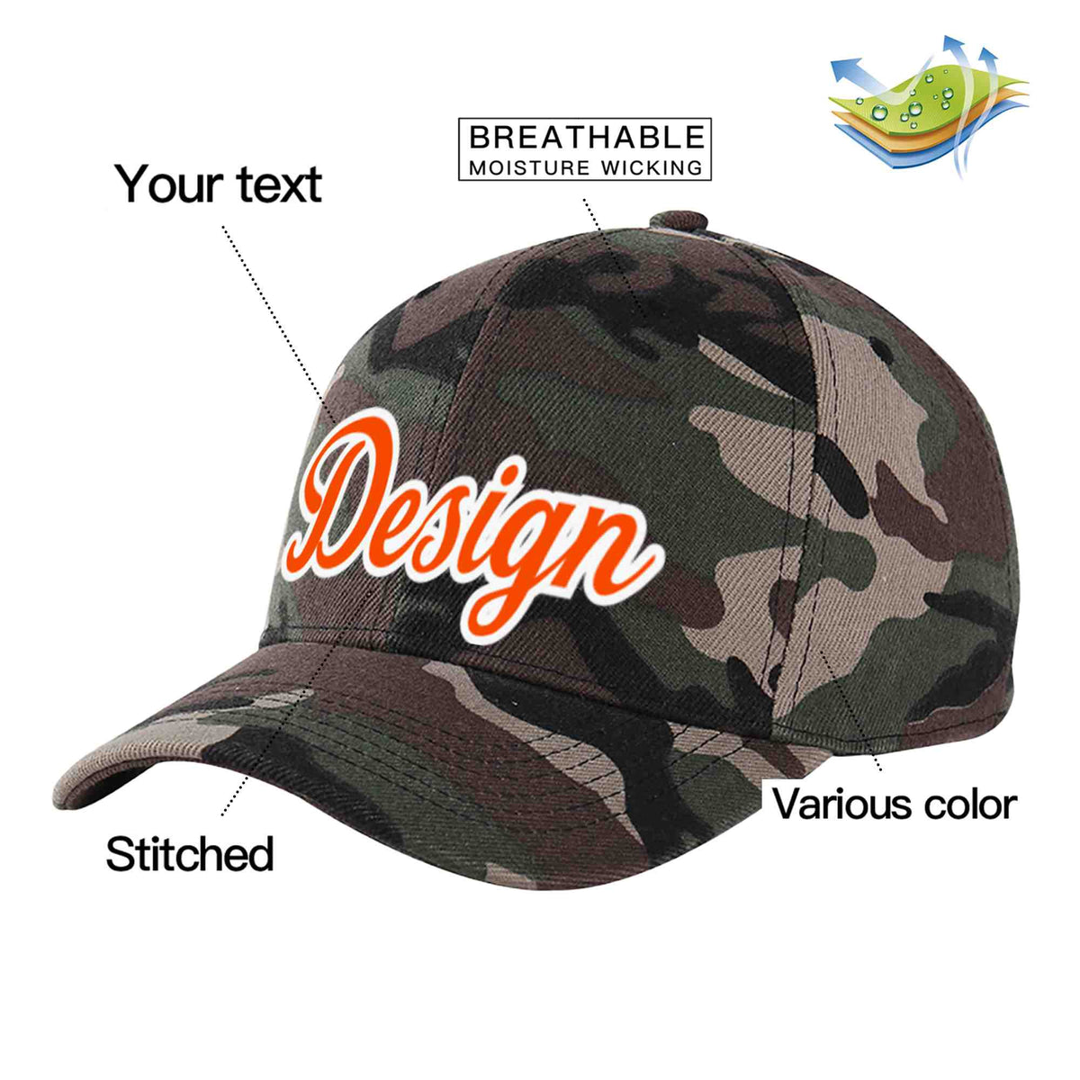 Custom Camo Orange-White Curved Eaves Sport Design Baseball Cap