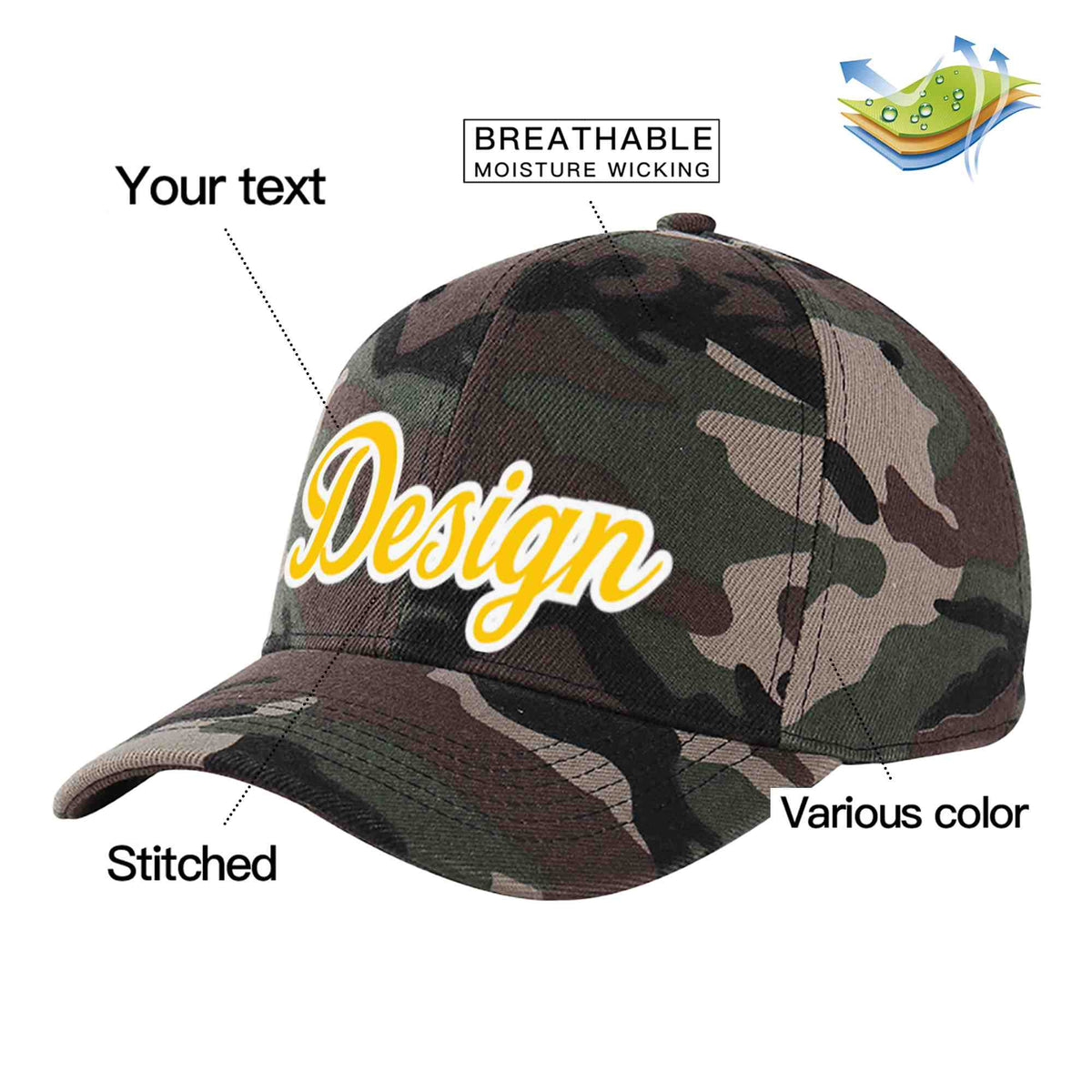 Custom Camo Gold-White Curved Eaves Sport Design Baseball Cap