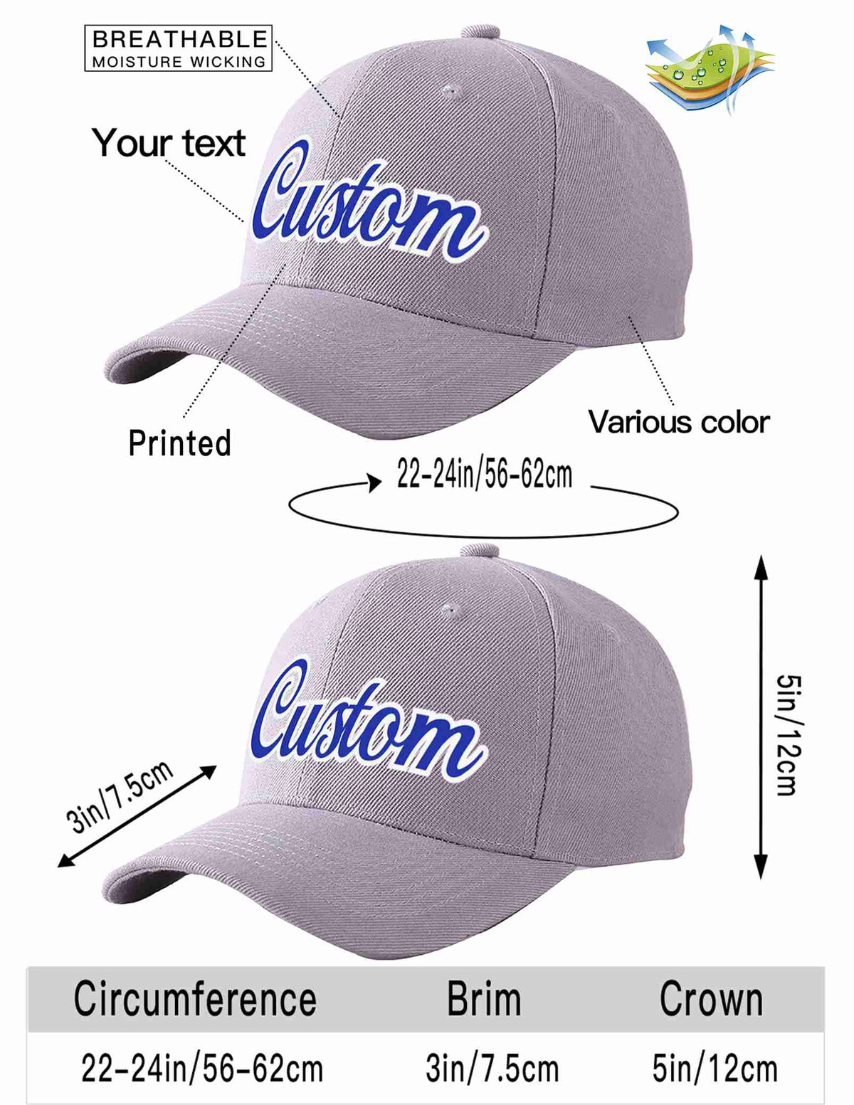 Custom Gray Royal-White Curved Eaves Sport Baseball Cap Design for Men/Women/Youth