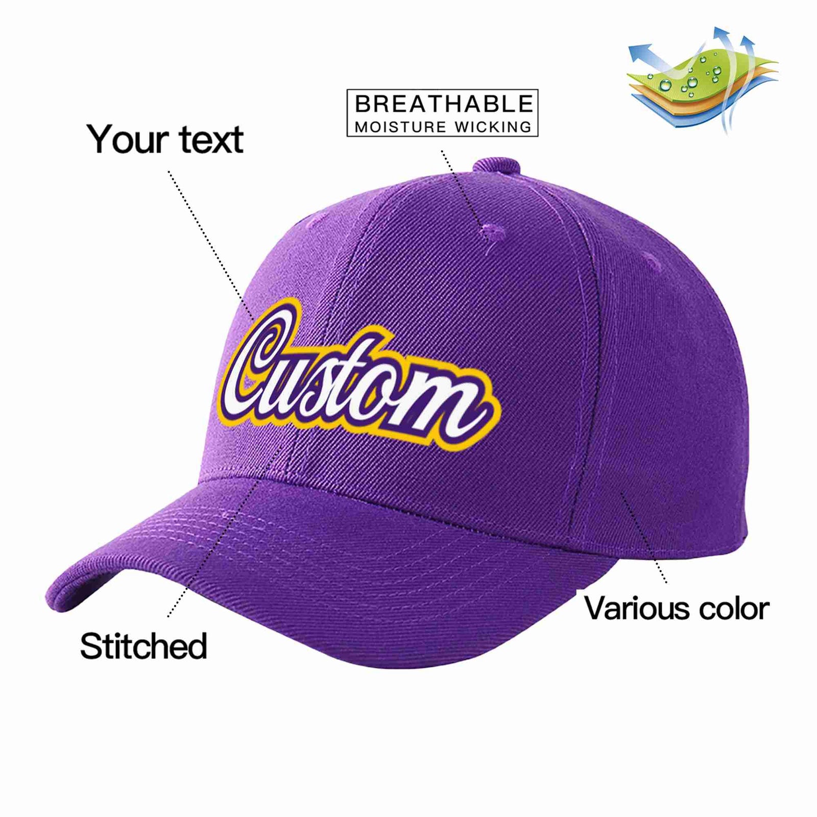 Custom Purple White-Purple Curved Eaves Sport Baseball Cap Design for Men/Women/Youth