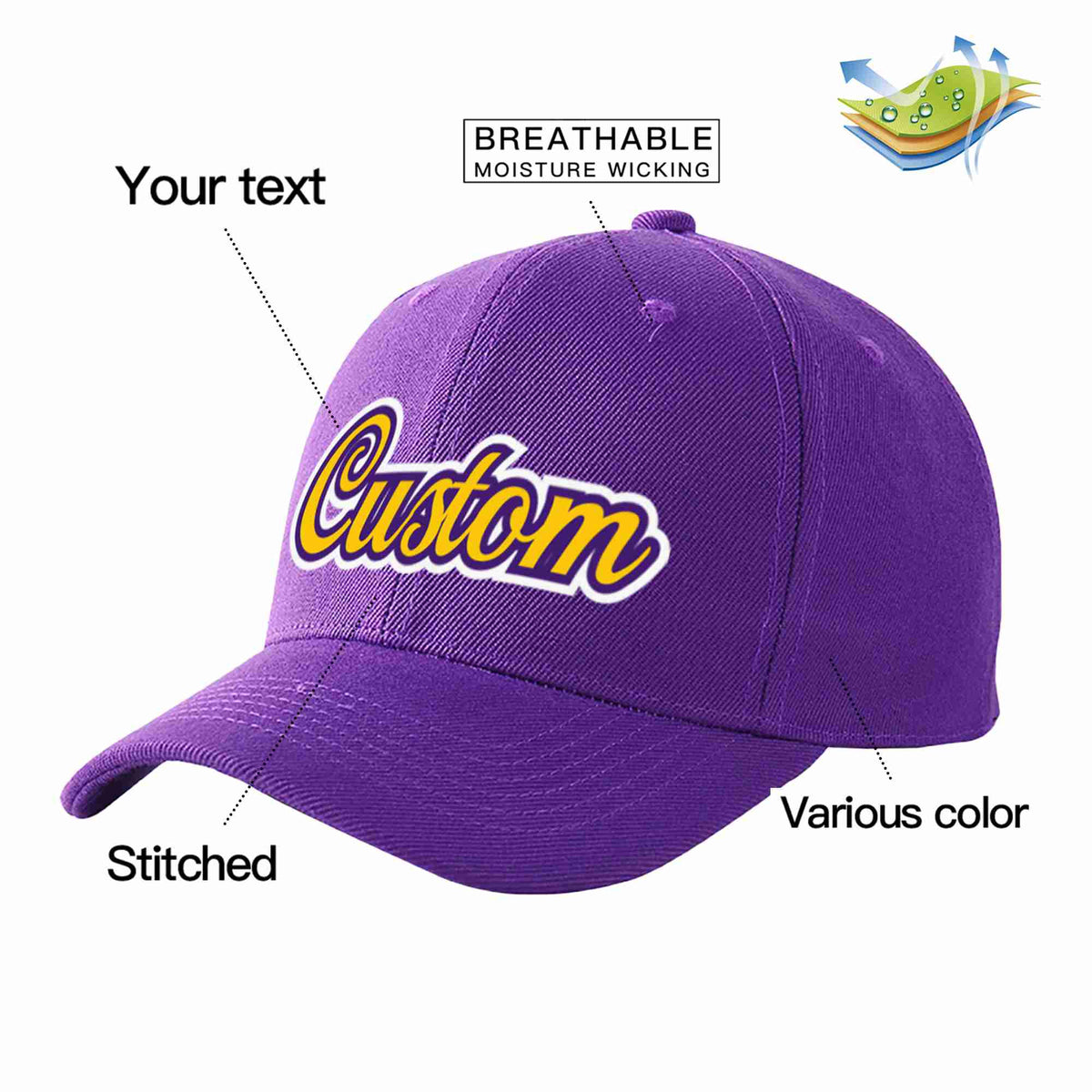 Custom Purple Gold-Purple Curved Eaves Sport Baseball Cap Design for Men/Women/Youth