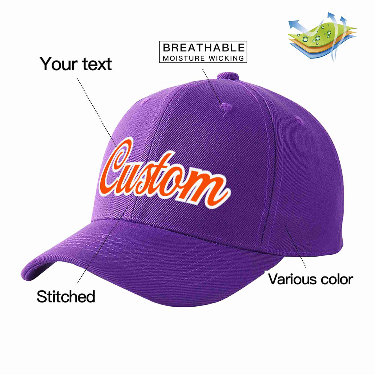 Custom Purple Orange-White Curved Eaves Sport Baseball Cap Design for Men/Women/Youth