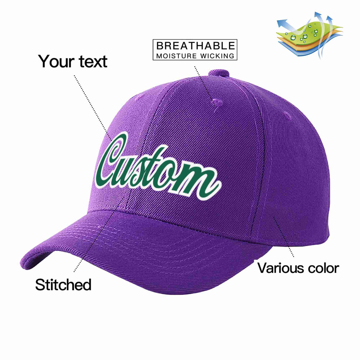 Custom Purple Kelly Green-White Curved Eaves Sport Baseball Cap Design for Men/Women/Youth