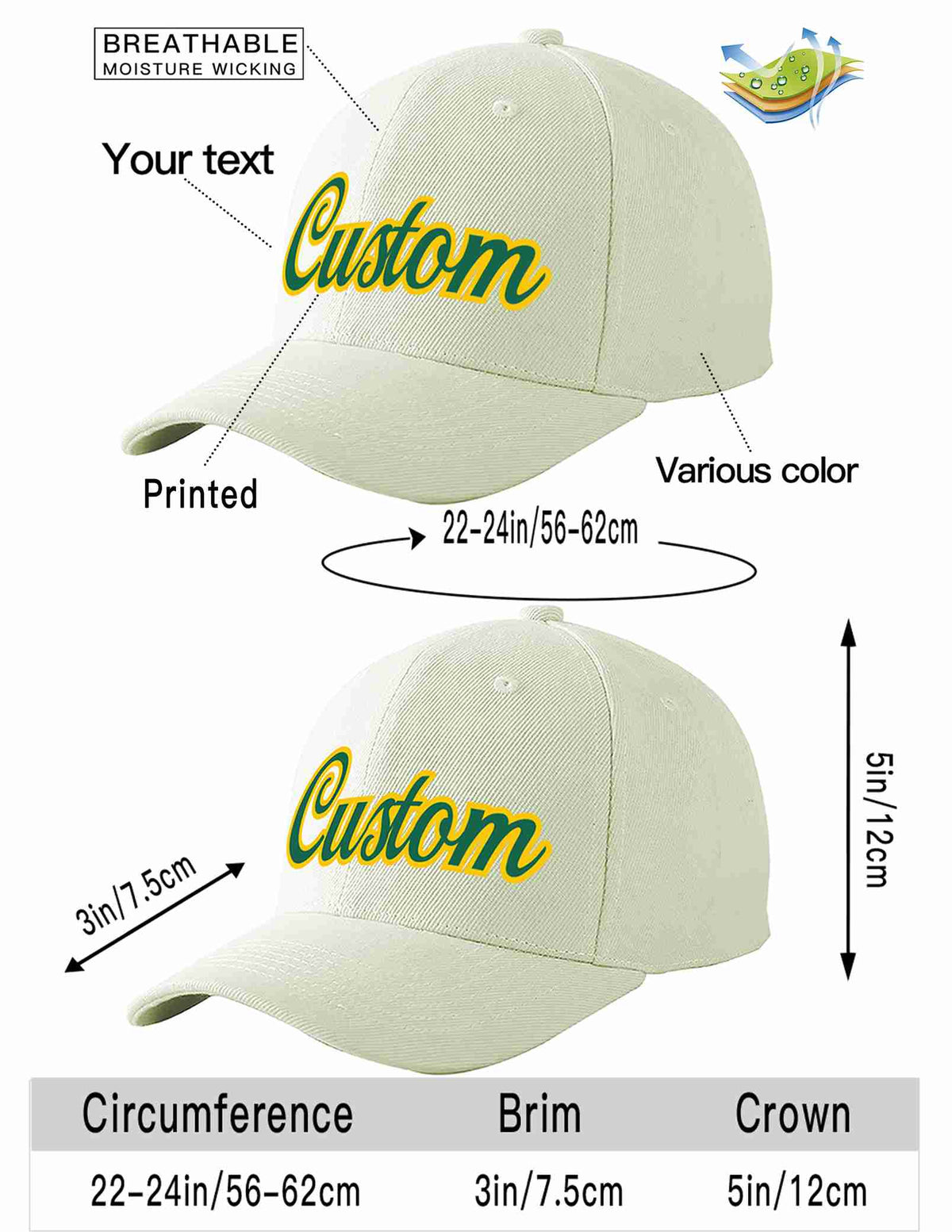 Custom Cream Kelly Green-Gold Curved Eaves Sport Baseball Cap Design for Men/Women/Youth