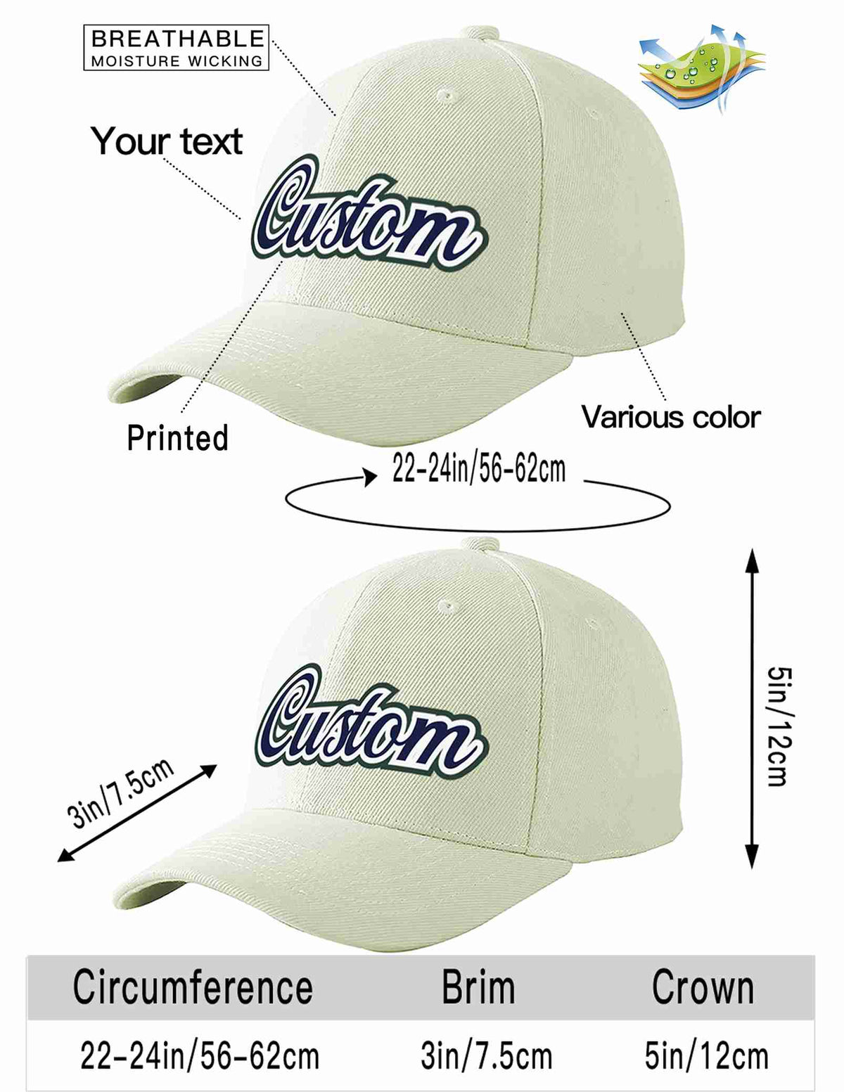 Custom Cream Navy-White Curved Eaves Sport Baseball Cap Design for Men/Women/Youth