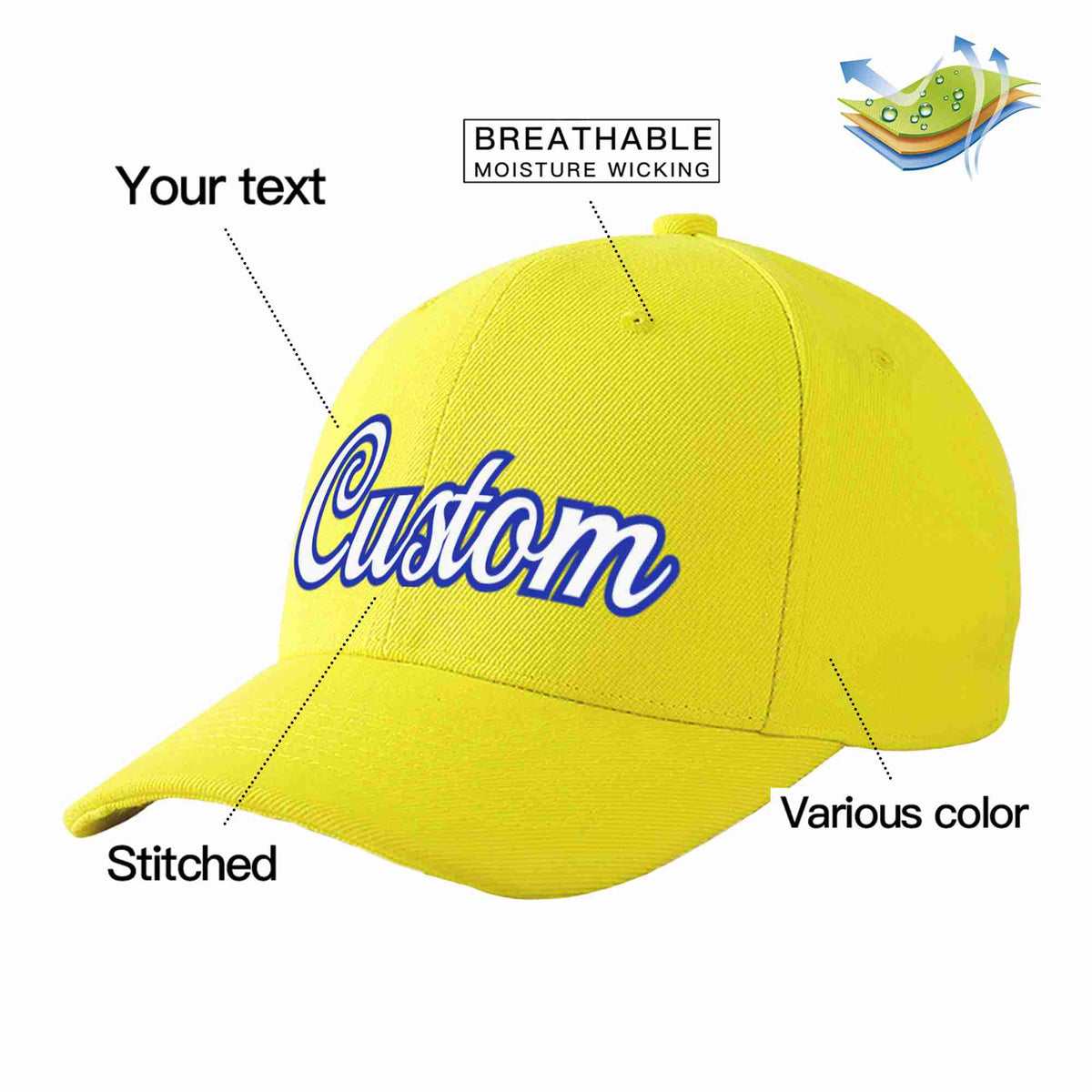 Custom Yellow White-Royal Curved Eaves Sport Baseball Cap Design for Men/Women/Youth