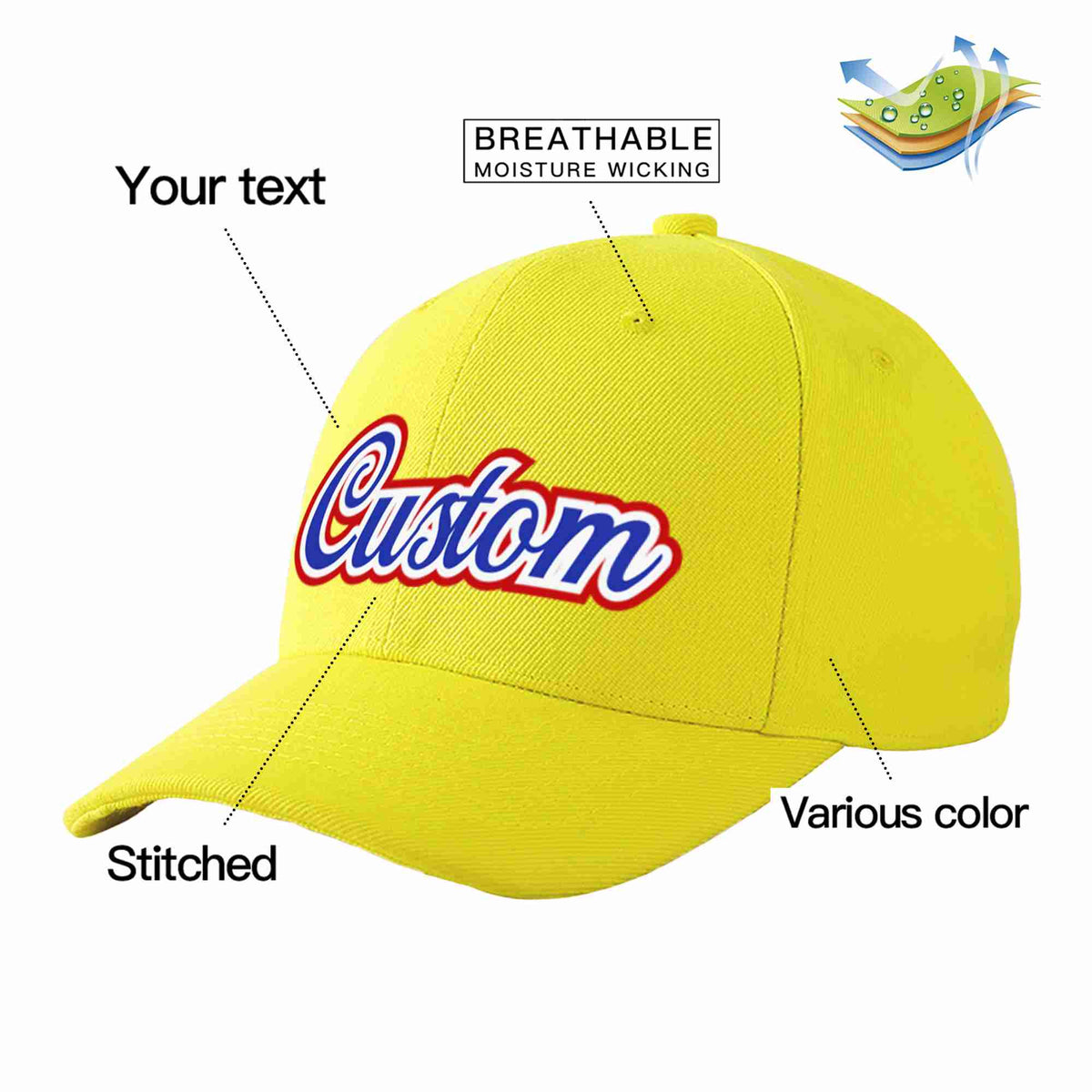 Custom Yellow Royal-White Curved Eaves Sport Baseball Cap Design for Men/Women/Youth