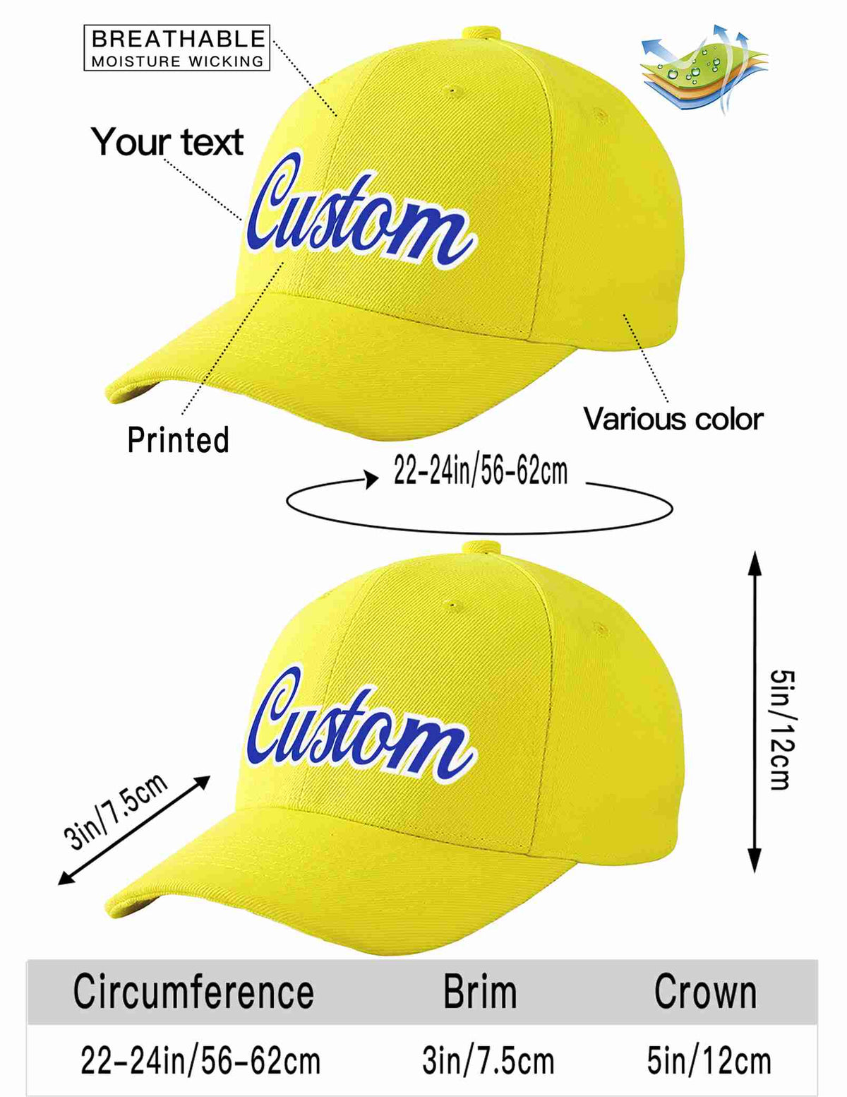 Custom Yellow Royal-White Curved Eaves Sport Baseball Cap Design for Men/Women/Youth