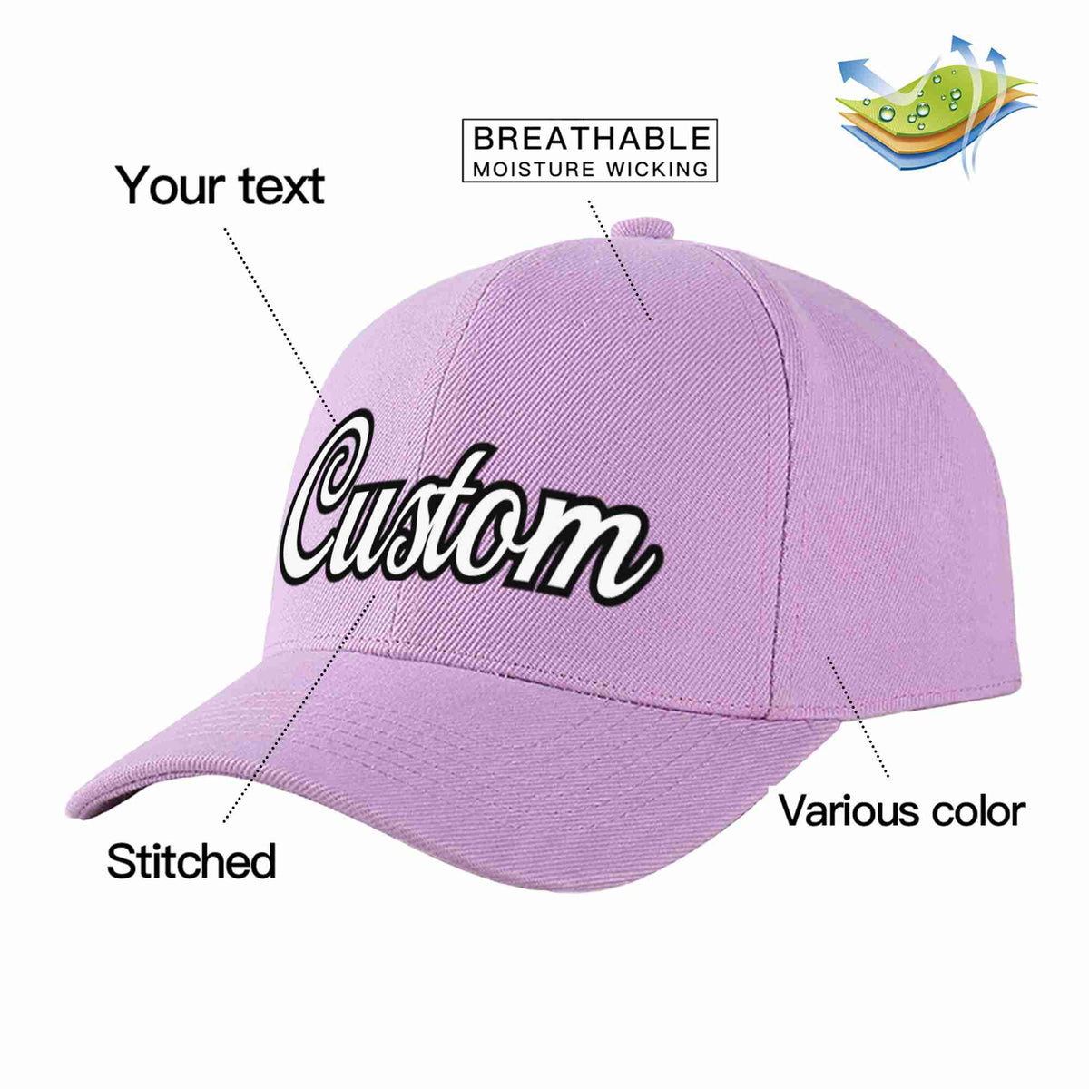 Custom Light Purple White-Black Curved Eaves Sport Baseball Cap Design for Men/Women/Youth