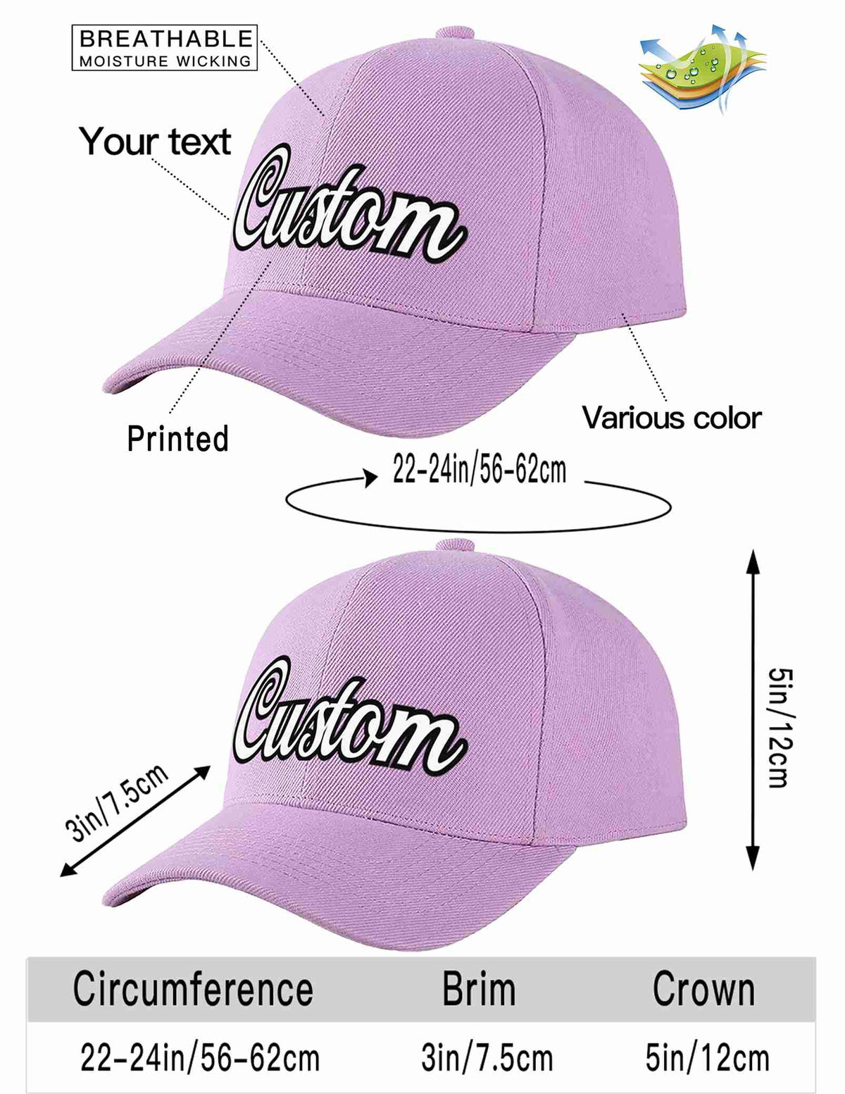 Custom Light Purple White-Black Curved Eaves Sport Baseball Cap Design for Men/Women/Youth