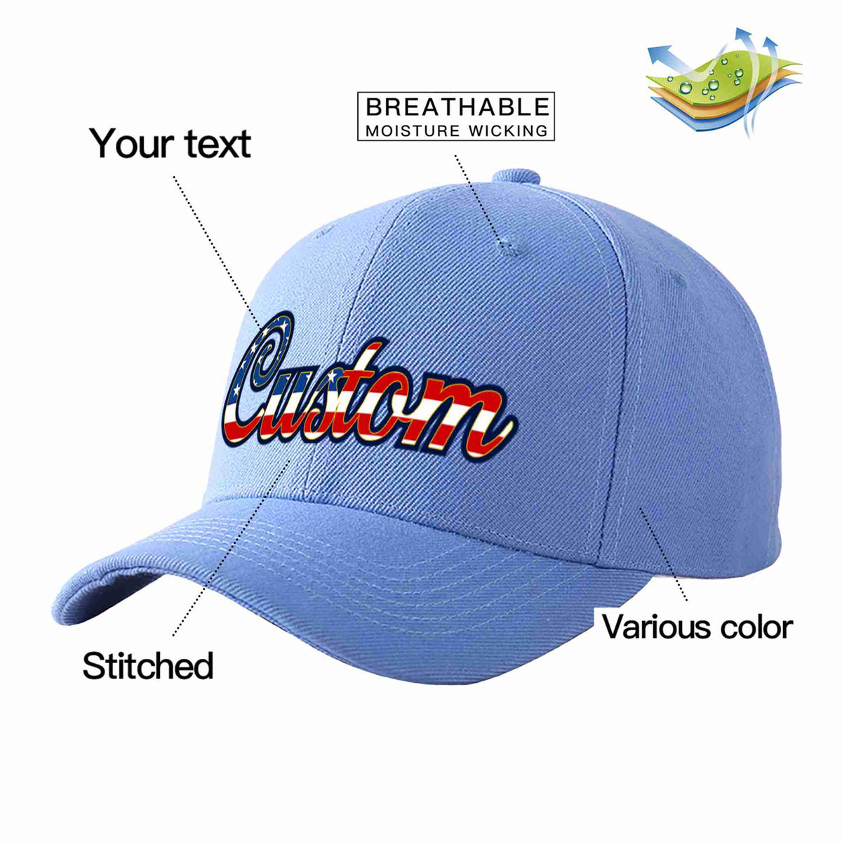 Custom Sky Blue Vintage USA Flag-Gold Curved Eaves Sport Baseball Cap Design for Men/Women/Youth