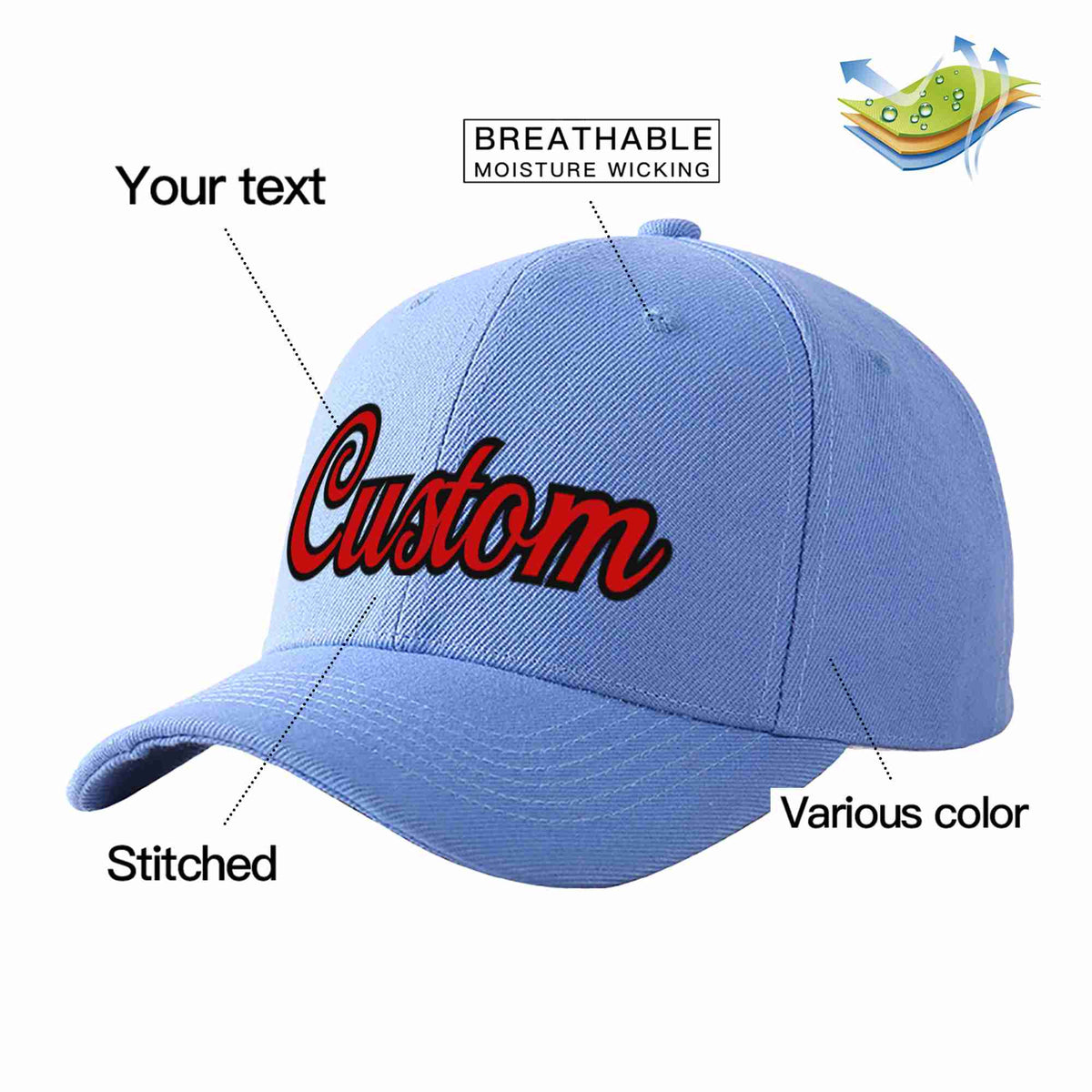 Custom Sky Blue Red-Black Curved Eaves Sport Baseball Cap Design for Men/Women/Youth