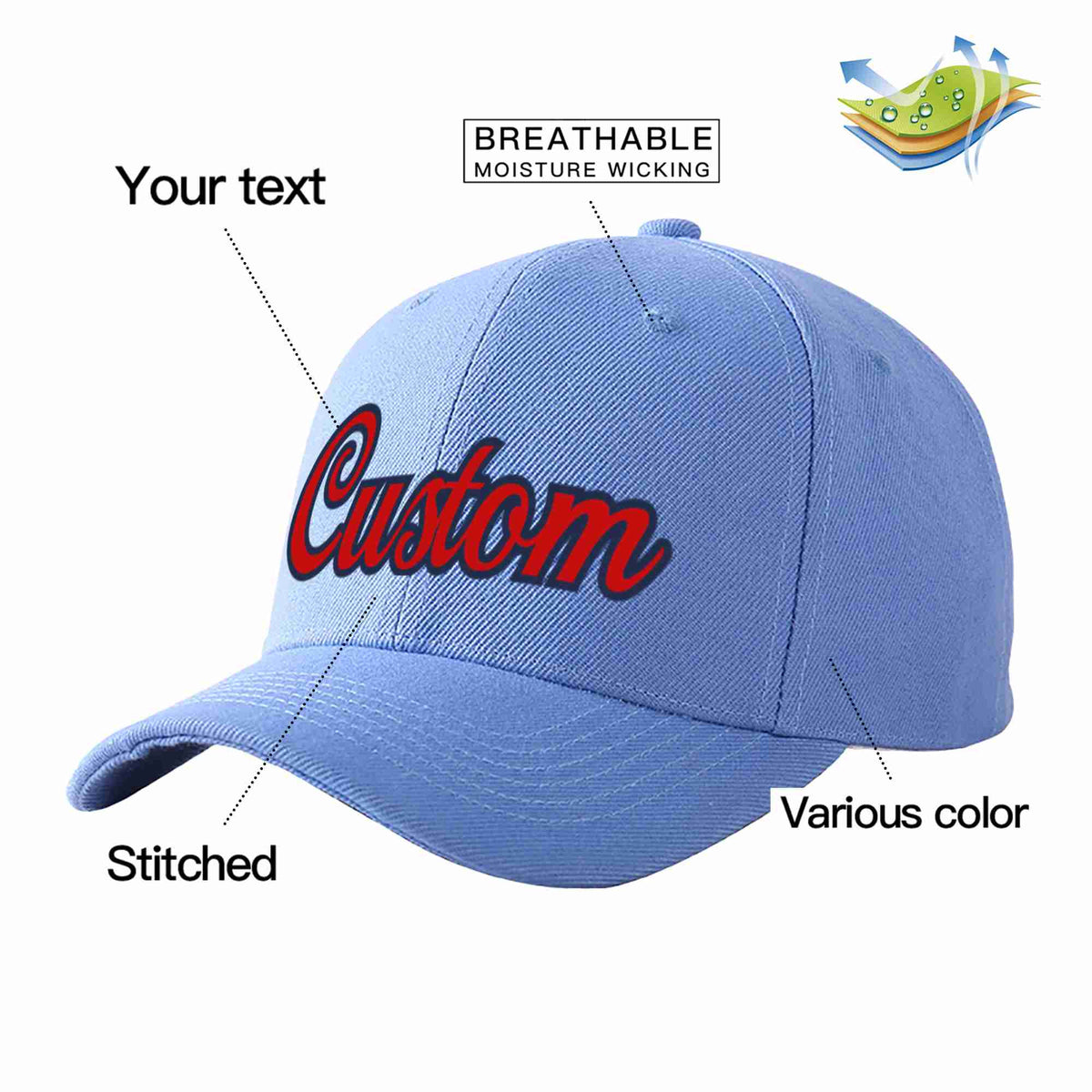Custom Sky Blue Red-Navy Curved Eaves Sport Baseball Cap Design for Men/Women/Youth