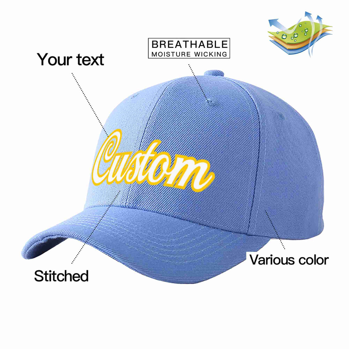 Custom Sky Blue White-Gold Curved Eaves Sport Baseball Cap Design for Men/Women/Youth