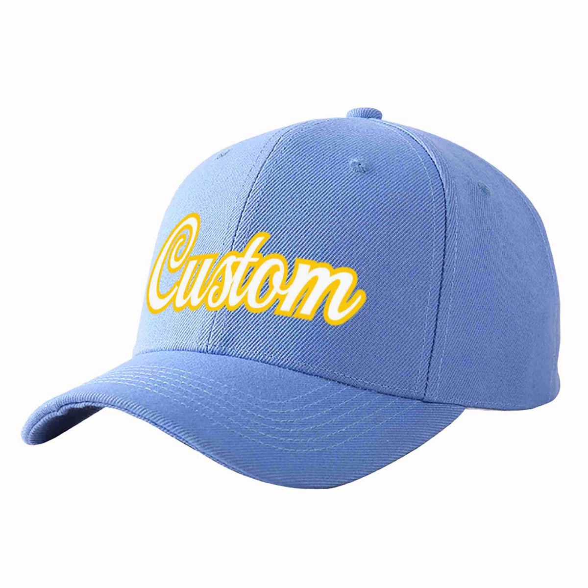 Custom Sky Blue White-Gold Curved Eaves Sport Baseball Cap Design for Men/Women/Youth