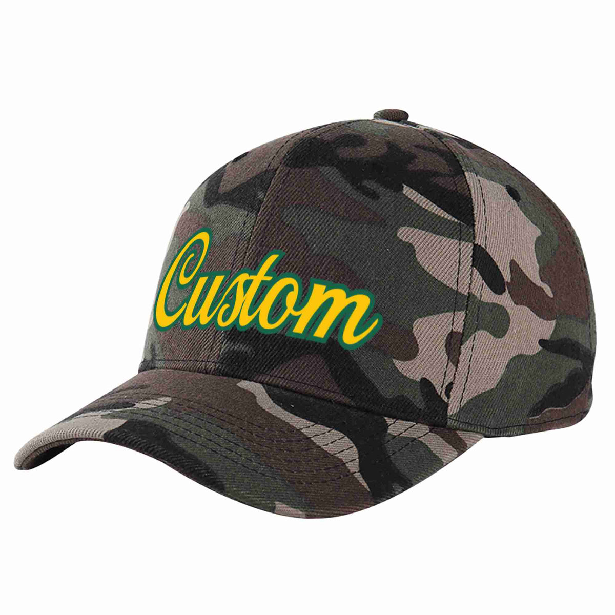 Custom Camo Gold-Kelly Green Curved Eaves Sport Baseball Cap Design for Men/Women/Youth