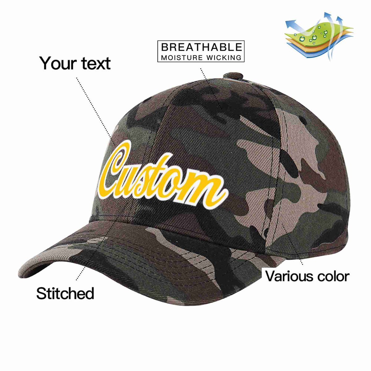 Custom Camo Gold-White Curved Eaves Sport Baseball Cap Design for Men/Women/Youth