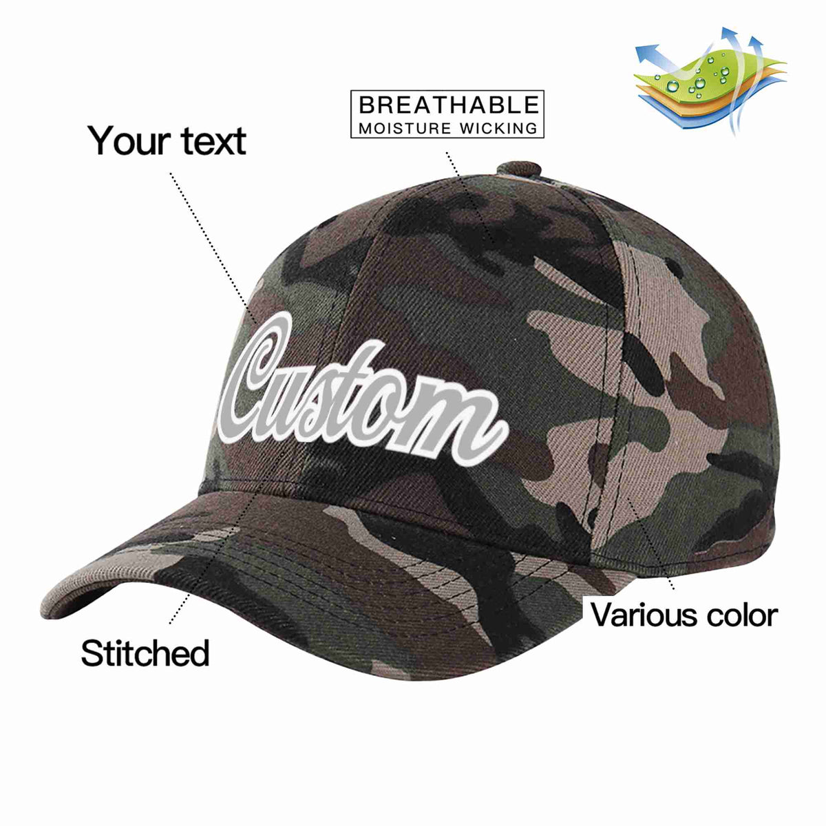 Custom Camo Gray-White Curved Eaves Sport Baseball Cap Design for Men/Women/Youth