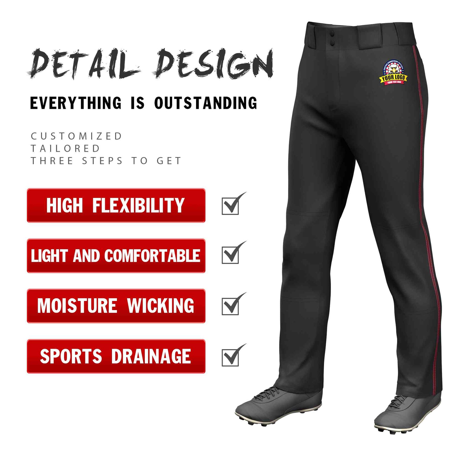 Custom Black Crimson Classic Fit Stretch Practice Loose-fit Baseball Pants