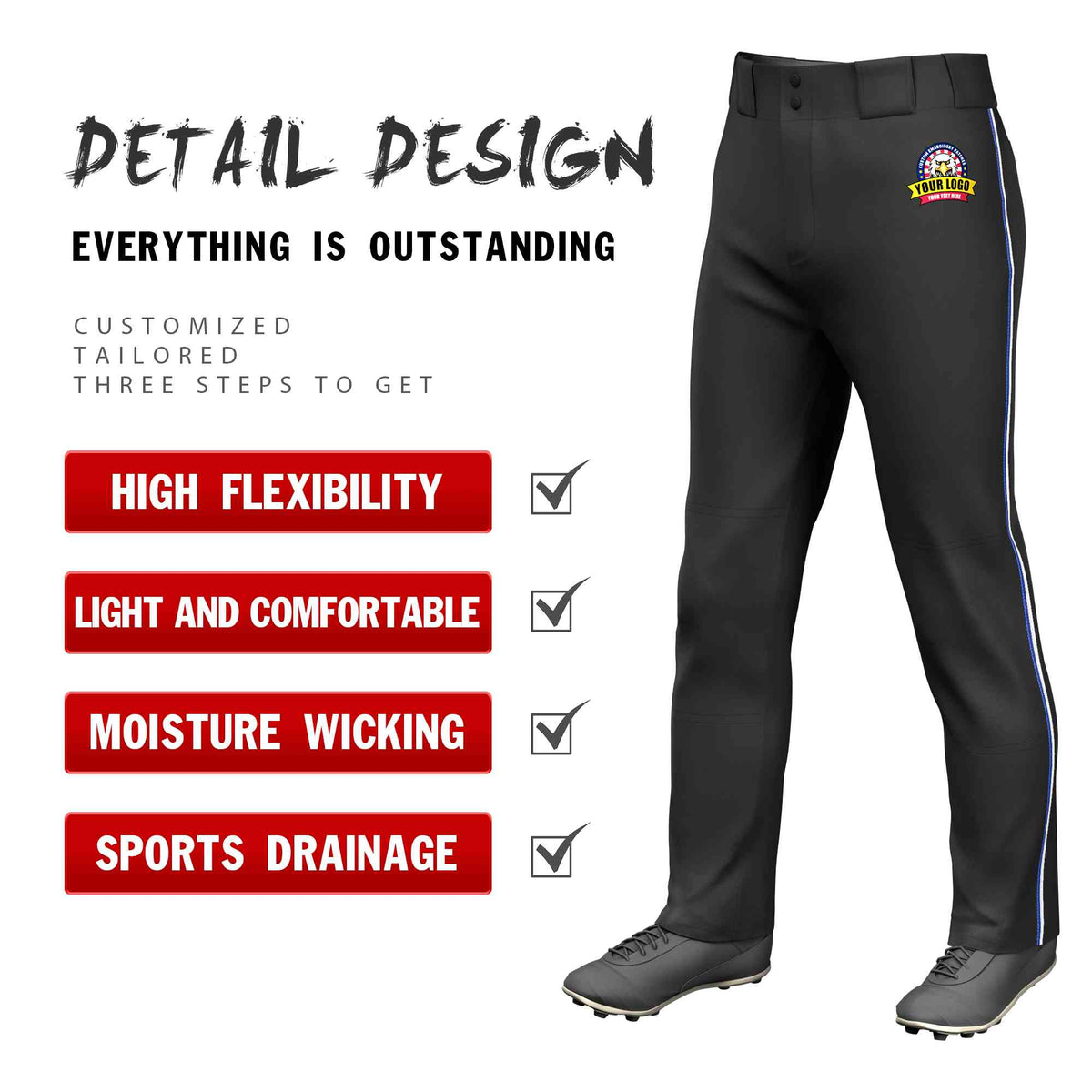 Custom Black Royal-White Classic Fit Stretch Practice Loose-fit Baseball Pants