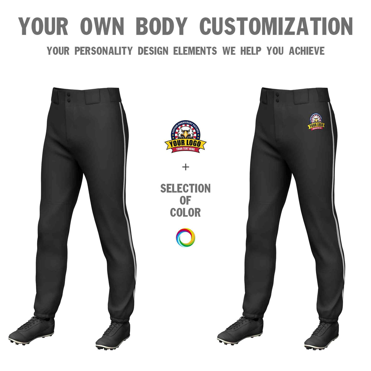 Custom Black Gray Classic Fit Stretch Practice Pull-up Baseball Pants