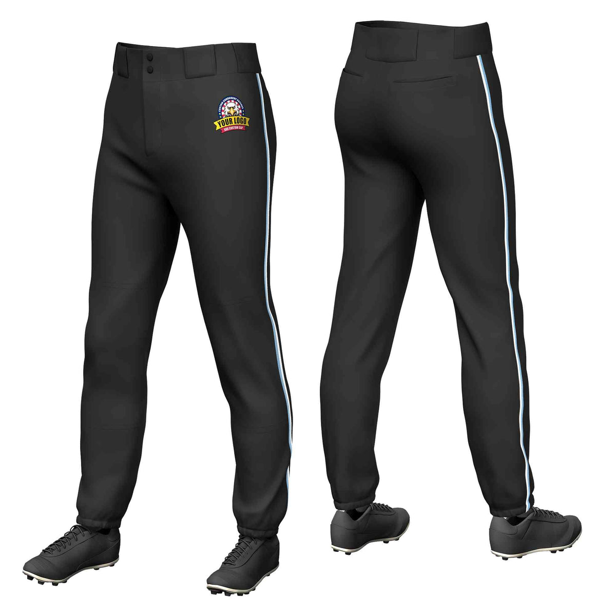 Custom Black Light Blue-White Classic Fit Stretch Practice Pull-up Baseball Pants