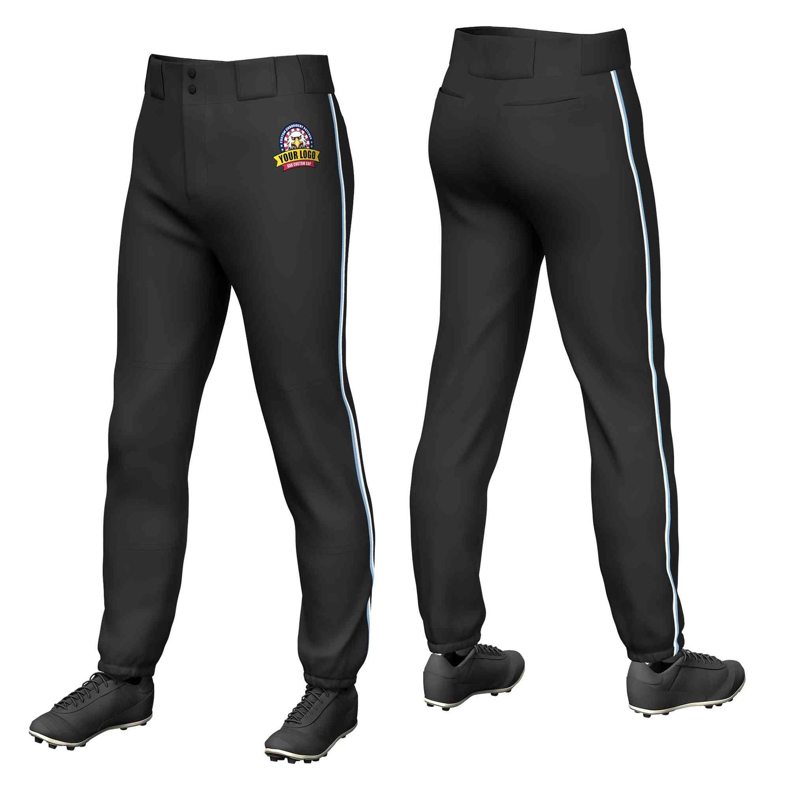 Custom Black Light Blue-White Classic Fit Stretch Practice Pull-up Baseball Pants