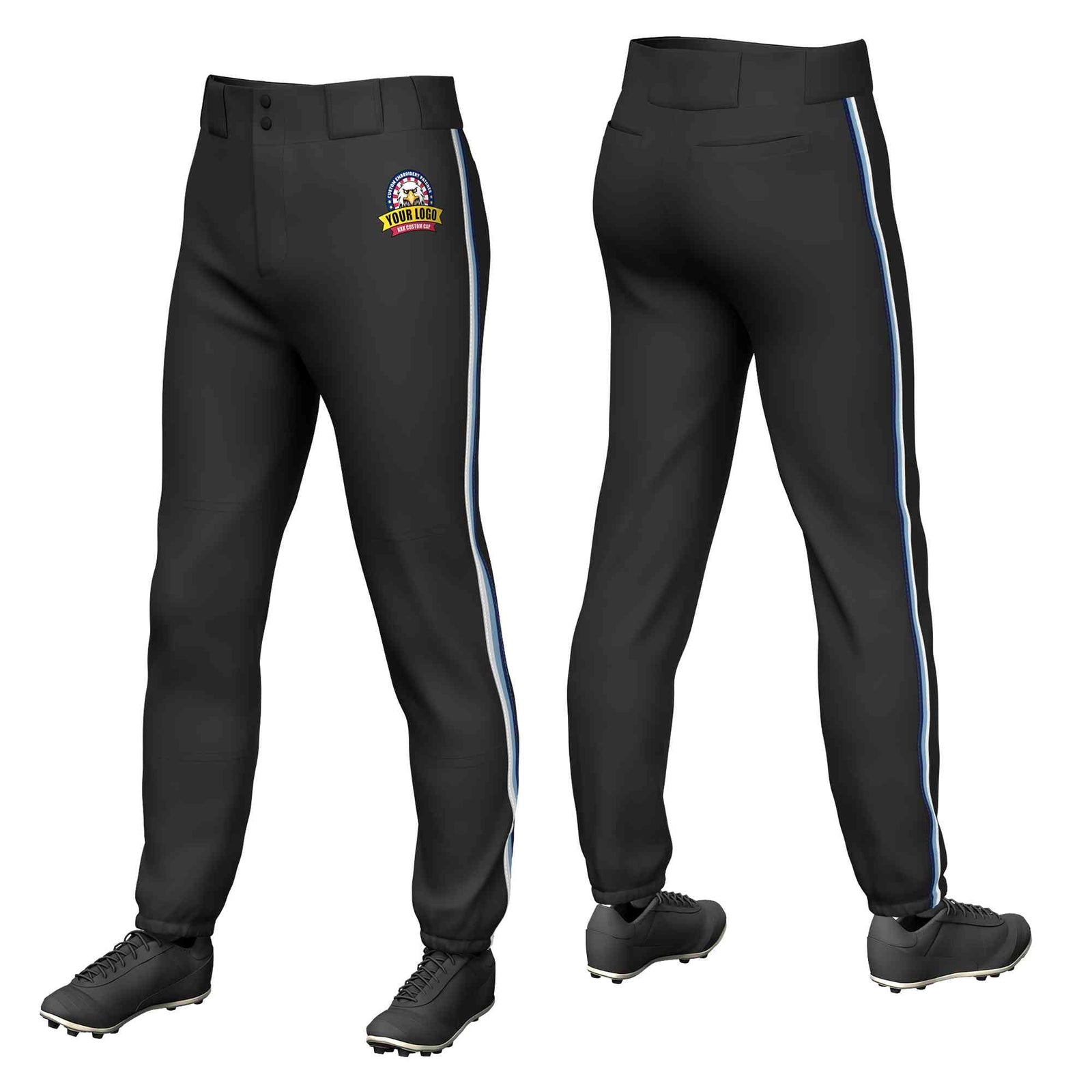 Custom Black White Light Blue-Navy Classic Fit Stretch Practice Pull-up Baseball Pants