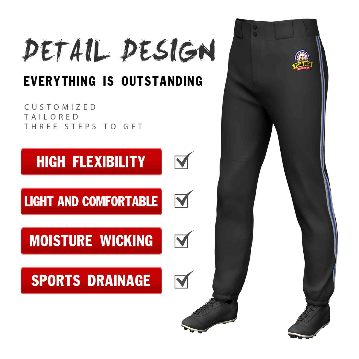 Custom Black Gray Royal-Gray Classic Fit Stretch Practice Pull-up Baseball Pants