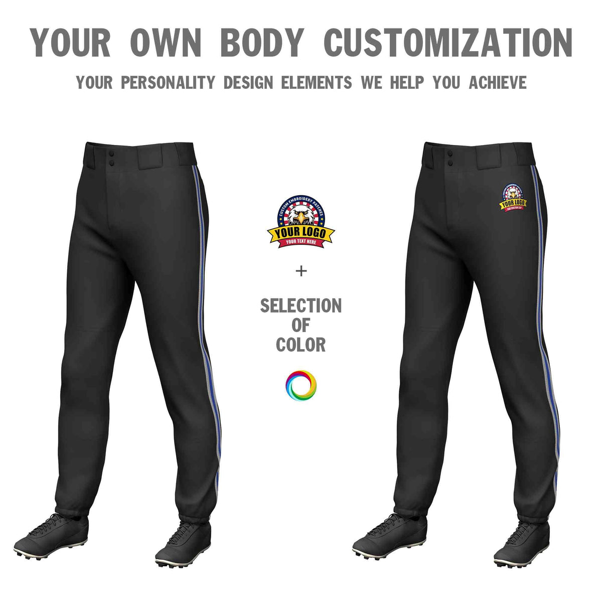 Custom Black Gray Royal-Gray Classic Fit Stretch Practice Pull-up Baseball Pants