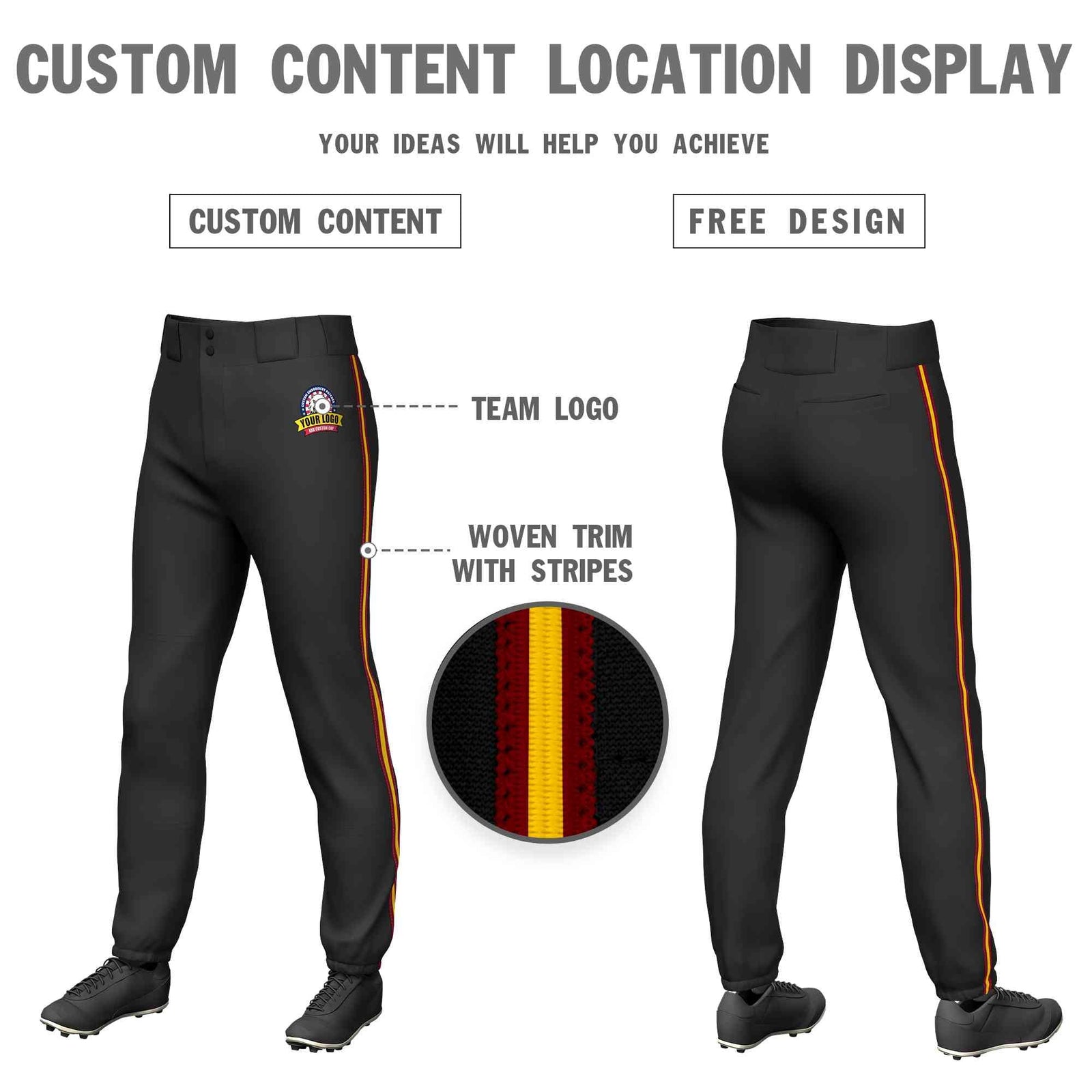 Custom Black Crimson Gold-Crimson Classic Fit Stretch Practice Pull-up Baseball Pants