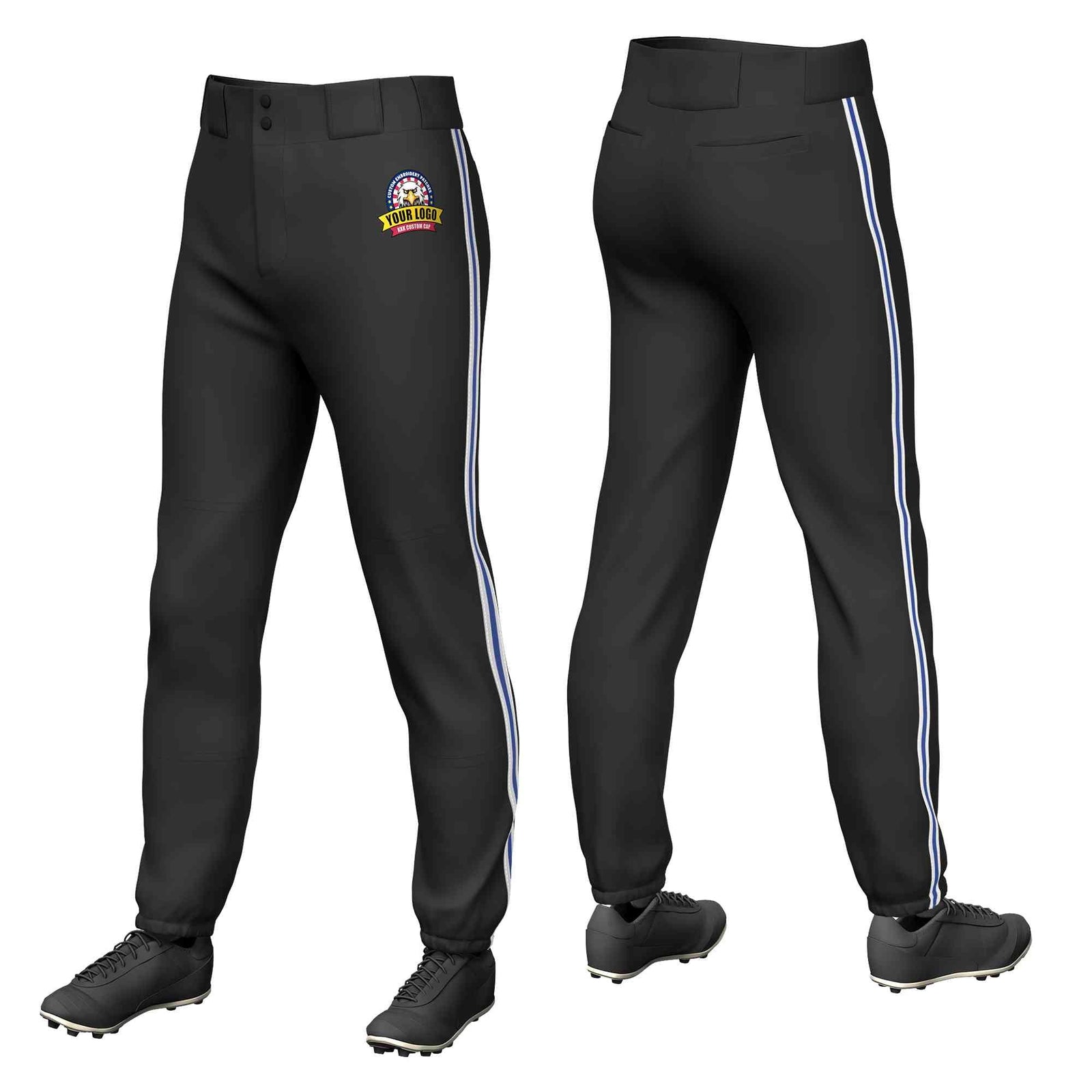 Custom Black White Royal-White Classic Fit Stretch Practice Pull-up Baseball Pants
