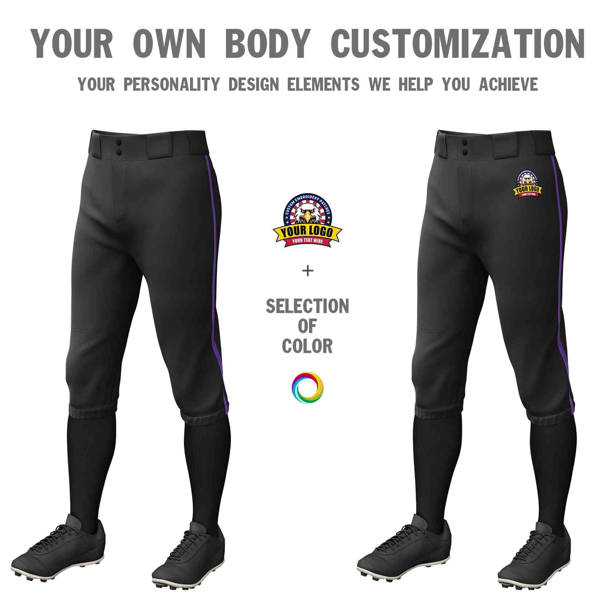 Custom Black Purple Classic Fit Stretch Practice Knickers Baseball Pants