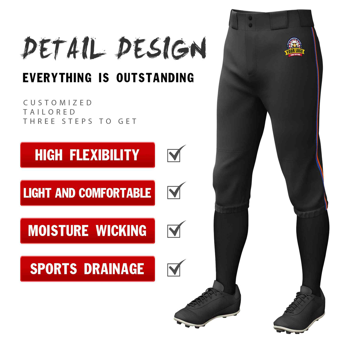 Custom Black Royal-Orange Classic Fit Stretch Practice Knickers Baseball Pants