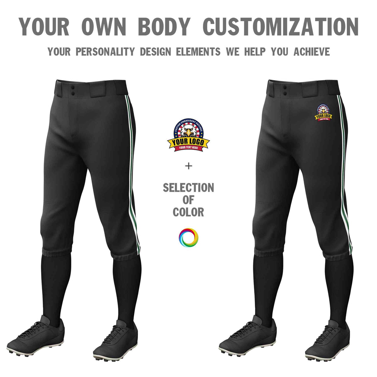 Custom Black White Green-White Classic Fit Stretch Practice Knickers Baseball Pants