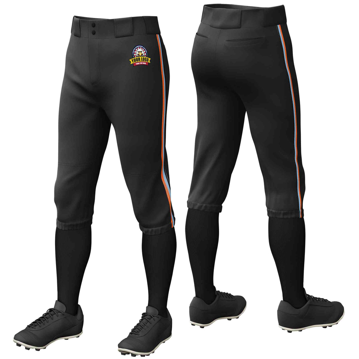 Custom Black Orange Light Blue-Black Classic Fit Stretch Practice Knickers Baseball Pants
