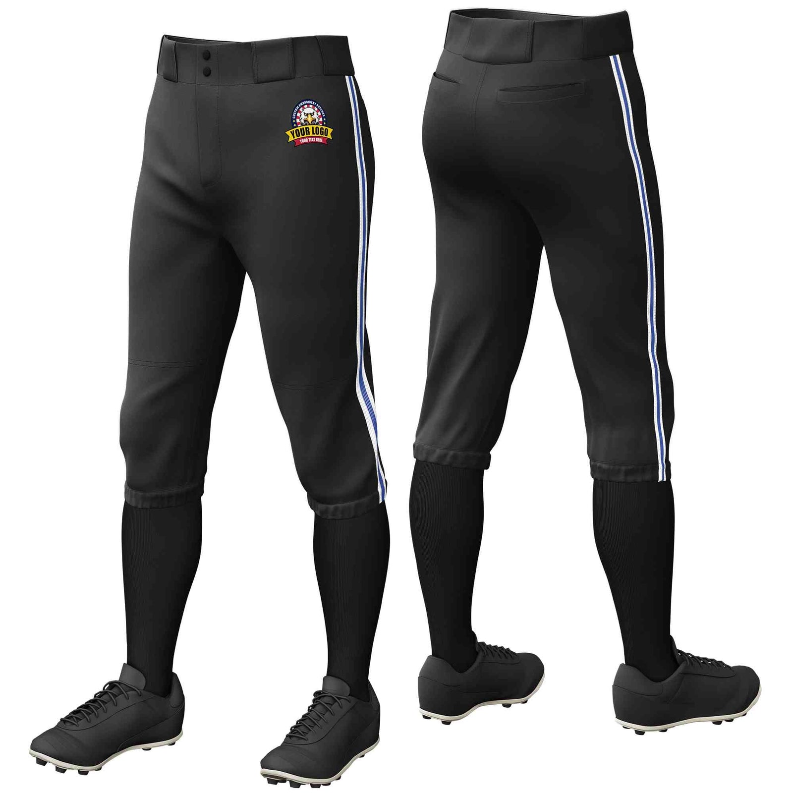 Custom Black White Royal-White Classic Fit Stretch Practice Knickers Baseball Pants