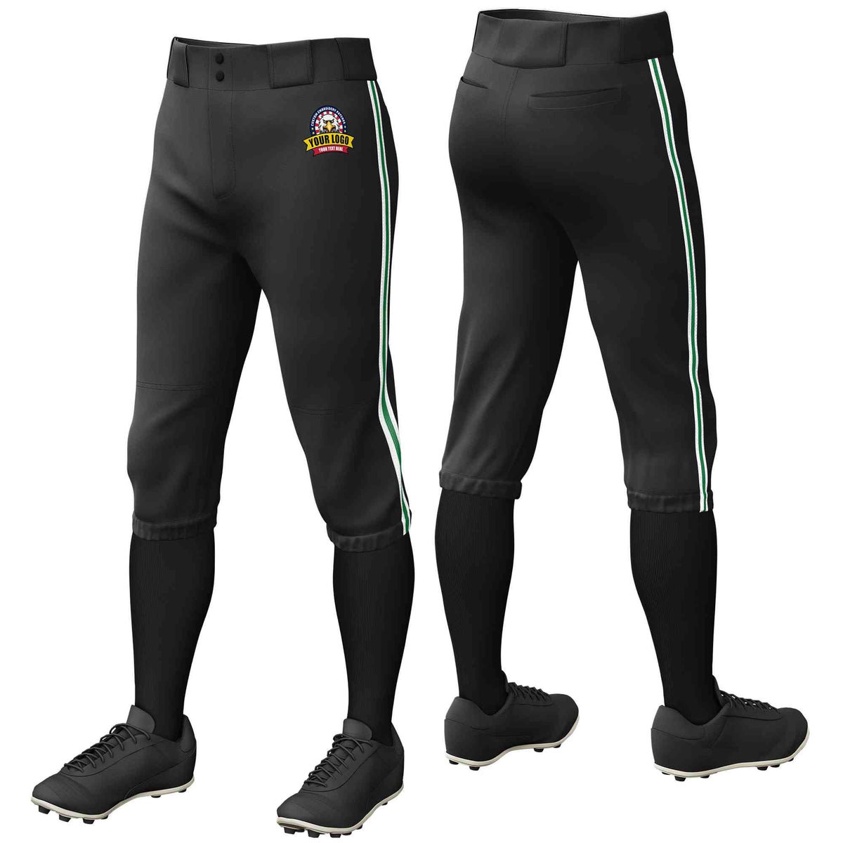 Custom Black White Kelly Green-White Classic Fit Stretch Practice Knickers Baseball Pants