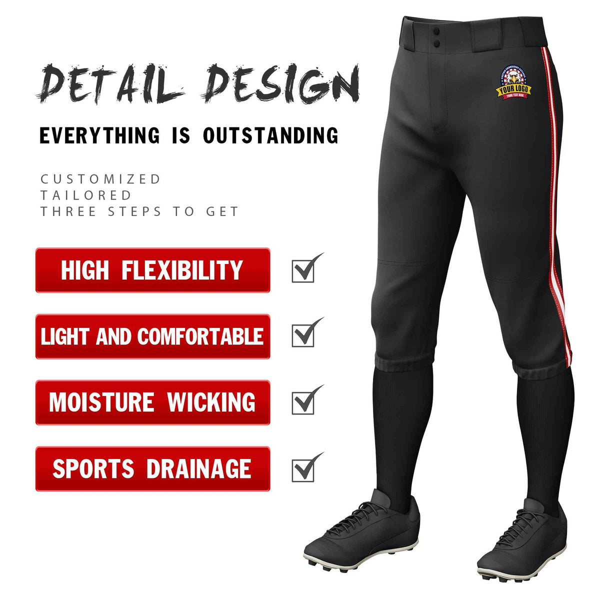 Custom Black Red White-Red Classic Fit Stretch Practice Knickers Baseball Pants
