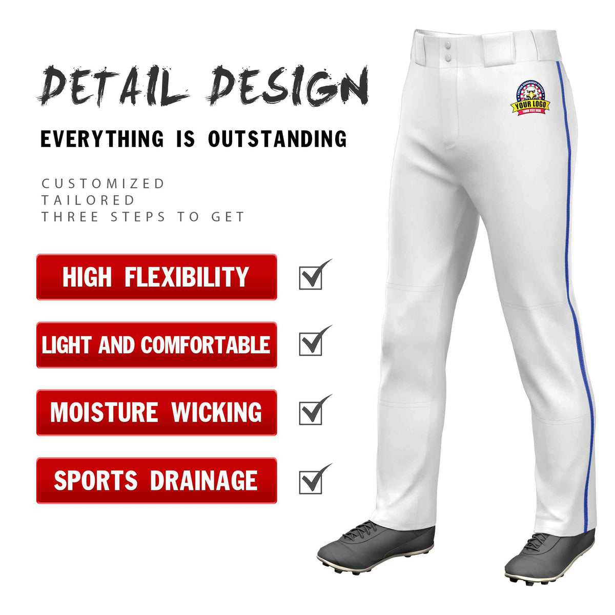 Custom White Royal Classic Fit Stretch Practice Loose-fit Baseball Pants