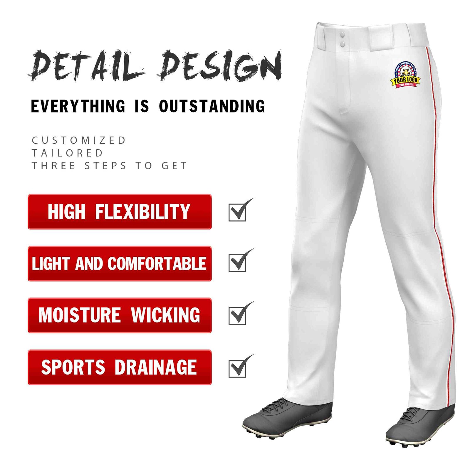 Custom White White-Red Classic Fit Stretch Practice Loose-fit Baseball Pants