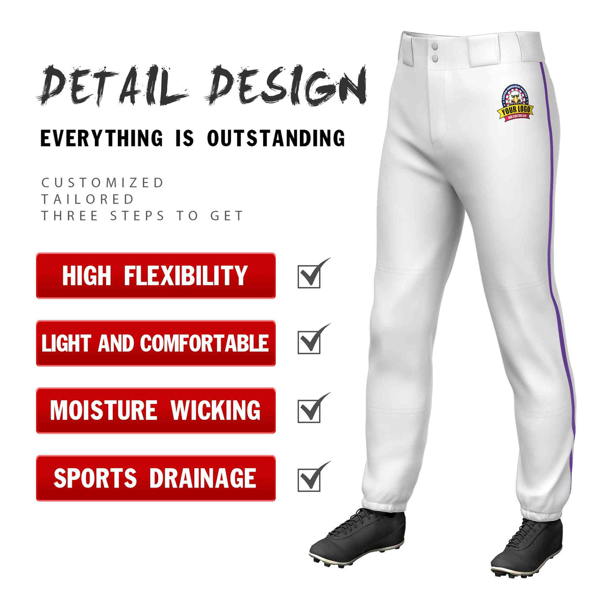Custom White Purple Classic Fit Stretch Practice Pull-up Baseball Pants