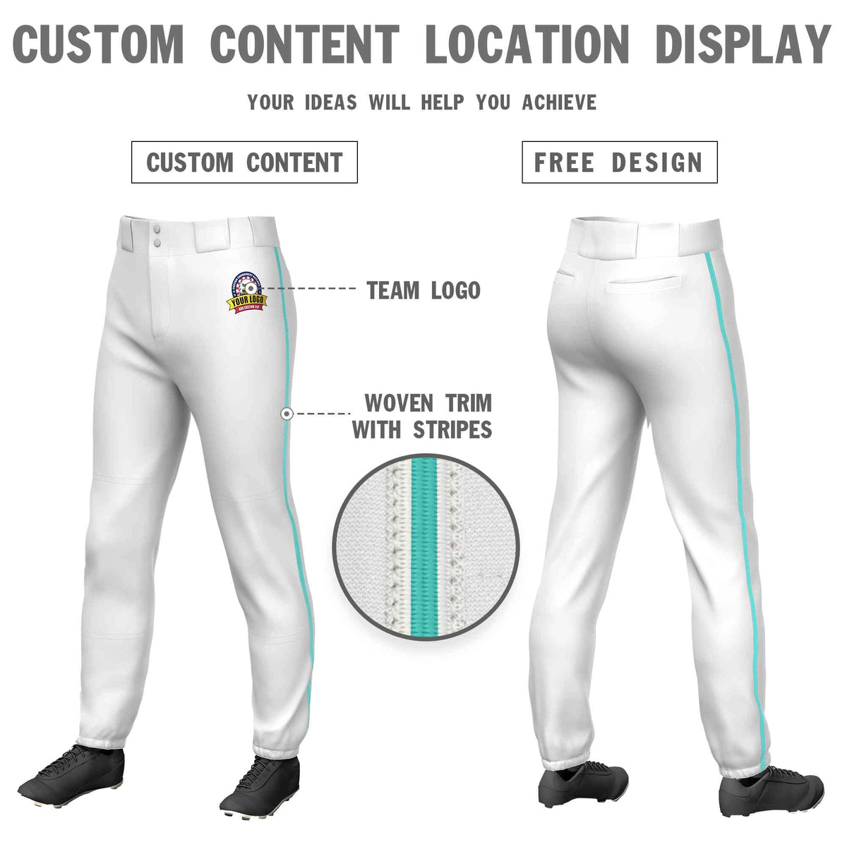 Custom White AquaClassic Fit Stretch Practice Pull-up Baseball Pants