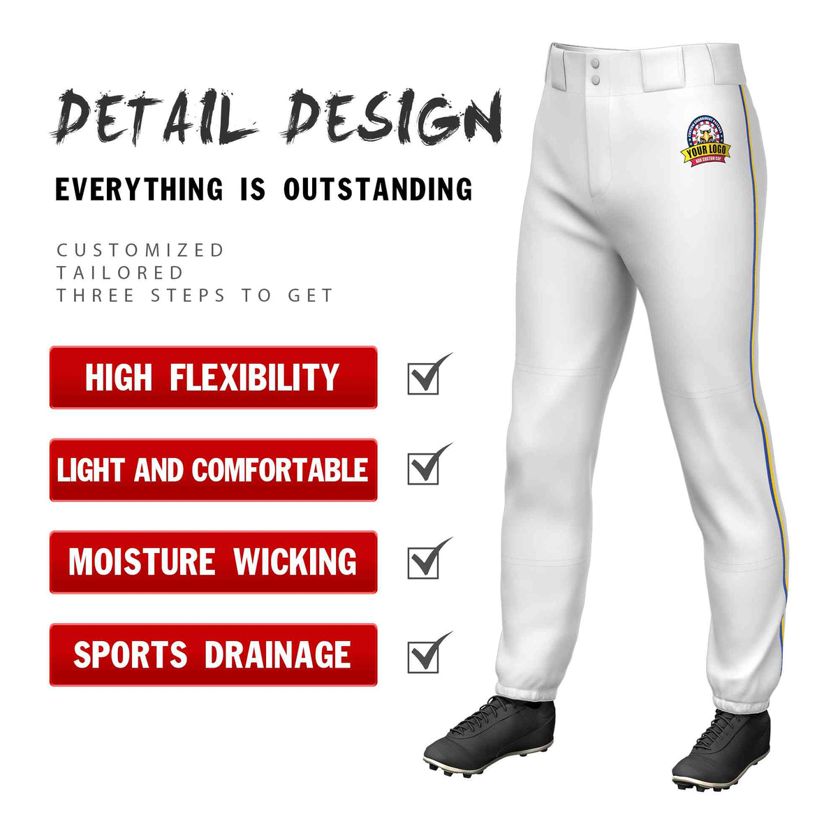Custom White Royal-Gold Classic Fit Stretch Practice Pull-up Baseball Pants