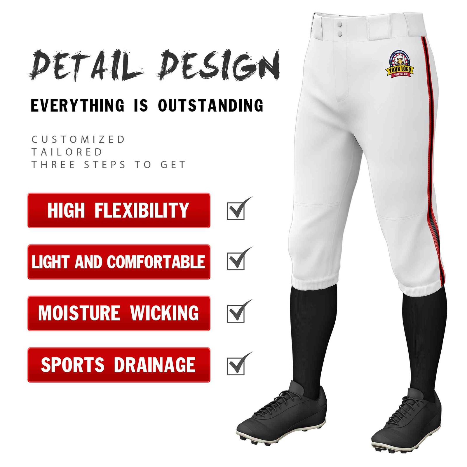 Custom White Red Black-Red Classic Fit Stretch Practice Knickers Baseball Pants